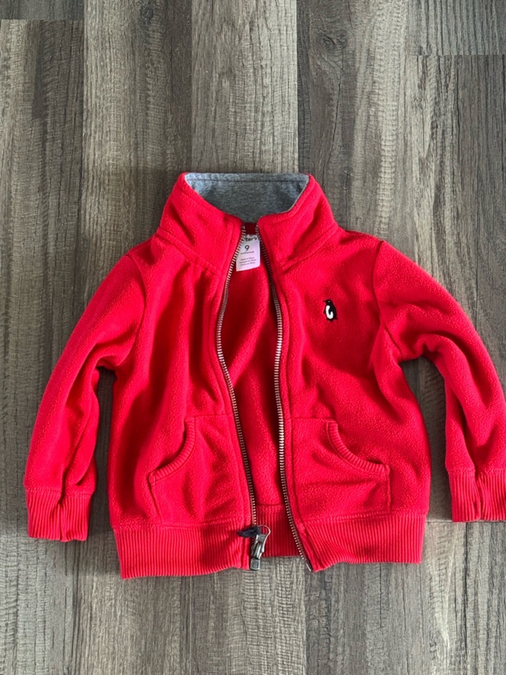 Carter's Bright Red Fleece Zip Jacket with Penguin Patch